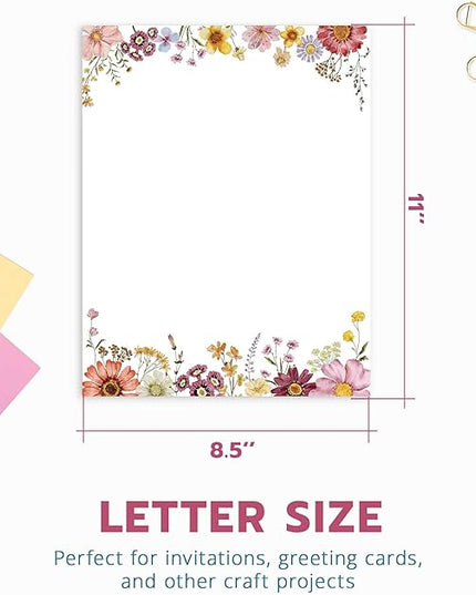 Flower Paper Stationery, Floral Letterhead Paper 8.5 x 11 Inches, 50 Sheets, Elegant Writing Paper, Pretty Stationary Paper, Decorative Printer Papr, Spring Wildflower Letter Paper Set