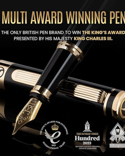 Scriveiner Personalized Black Fountain Pen - Stunning Luxury Pen, Jet Black Lacquer, Real Gold Plating, German Schmidt Nib (Medium), Best Engraved Gift Set for Men & Women, Name Engraving