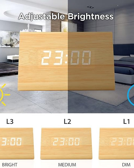 OCT17 Wooden Wood Clock, New Version LED Alarm Digital Desk Clock Adjustable Brightness, Alarm Time, Displays Time Date Temperature - Bamboo