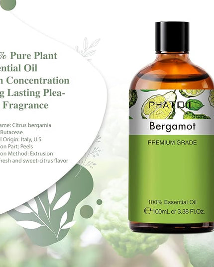 PHATOIL 3.38FL.OZ Bergamot Essential Oil, for Aromatherapy Diffusers, Humidifiers, Great for DIY Candle and Soap Making, Huge 100ML Bottle