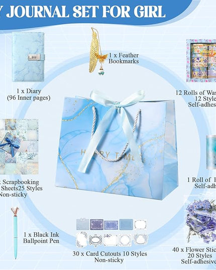 Janlaugh DIY Journal Diary with Lock Set Scrapbook Kit Stationary Diary Supplies Art Crafts Kit for Birthday Holidays Ideal Gifts for Women Teen Girls (Blue,Cute)