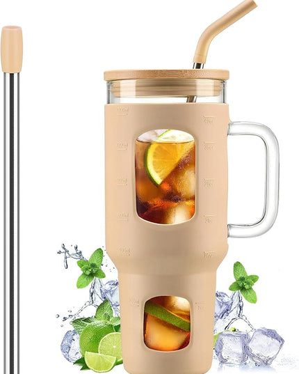 Glass Tumbler with Straw and Lid, 40 oz glass cup with handle, Glass Water Bottles with Time Marker, Silicone Protective Sleeve-Amber