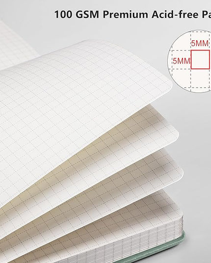 RETTACY Graph Grid Paper Notebook, 192 Pages, A5 Medium Size (5.7'' x 8.3''), 5 Squares per Inch, Leather Hardcover, 100 GSM Thick Paper, for School, Students, Math, Engineering (Sage Green)