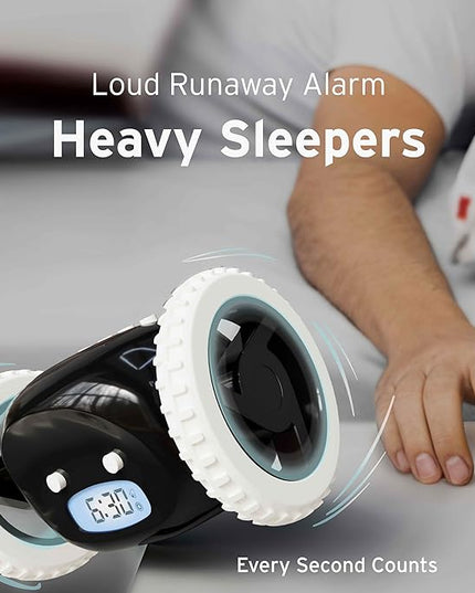 CLOCKY Extra Loud Alarm Clock for Heavy Sleepers on Wheels Rolls Runs Away Vibrating, Easy to Set Super Smart Snooze Digital Bed Shaker Alarm Clock Funny Gift for Adults Kids Teens Bedrooms (Black)
