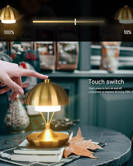 Modern Table Lamp Cordless Portable Desk Lamp, 2700K Stepless Dimming Rechargeable Battery Operated LED Lights for Bedroom, USB-C Charging, Restaurant/Bar/Night Light/Gifts (Antique Brass)