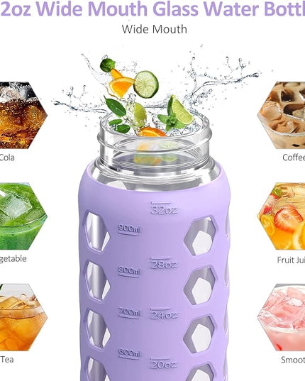MUKOKO 32oz Glass Water Bottles with 2 Lids-Handle Spout Lid&Bamboo Straw Lid, Motivational Water Tumbler with Time Marker Reminder and Silicone Sleeve, Leakproof-Purple-1 Pack
