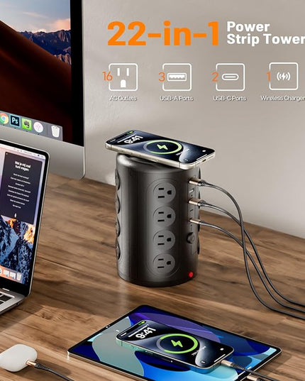 Power Strip Tower Surge Protector, TenTrend 16 Outlets and 5 USB Ports (2 USB-C), 2000 Joules Charging Station, 6FT Flat Plug Extension Cord for Home Office Dorm Room Essentials, Black