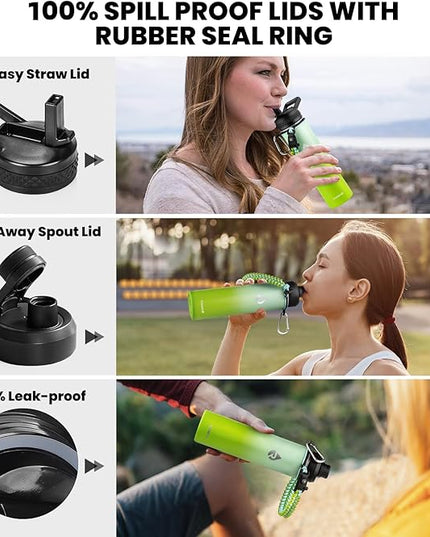 Insulated Water Bottle 24oz, Triple Wall Vacuum Stainless Steel (Cold for 48 Hrs, Hot for 24Hrs), Leak Proof & Non-BPA, 24oz Hydro Water Flask with Paracord Handle & Straw Spout Lids