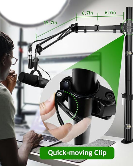 Mic Boom Arm, Adjustable Height Overhead Microphone Stand with Heightened Extension Riser for Shure SM7B Blue Yeti HyperX QuadCast S and other Mic