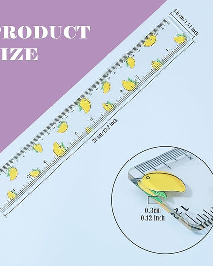 BAYTORY 4Pcs Transparent Acrylic Ruler 12 Inch, Clear Plastic Straight Rulers, Shatterproof Student Stationery Centimeters with Inches, for Classroom Essentials School Supplies (Fruit)