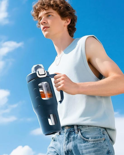 32oz Glass Tumbler with Straw Handle and 2-IN-1 Sip & Spout Lid, Reusable Iced Coffee Cup for Smoothie, Matcha, Leakproof Glass Water Bottle with Straw and Silicone Sleeve, BPA Free-Navy Blue
