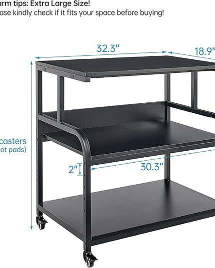 32.3" x 18.9" Extra Large Printer Stand Table with Adjustable Storage Shelf, 3 Tier Rolling Printer Cart with Industrial Wheels for Home Office, Black