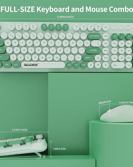 Wireless Keyboard and Mouse,Cute Retro Typewriter Computer Keyboard and Mouse Sets,Full Size 2.4G Cordless Colorful Round Keycaps Keyboard with Silent Mouse for PC Windows Laptop Office-Multi Green