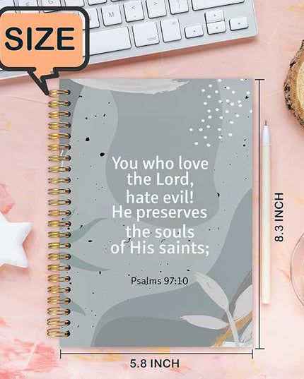 Christian Inspirational Spiral Journal Notebook 5.5x8.3in, You Who Love the Lord Psalms 97:10 Bible Journal, Abstract Grey Botanical Notebooks for Note Taking, Hardcover Notebook