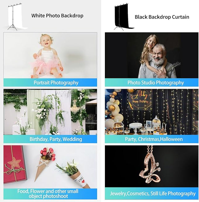 Black White Backdrop Screen with Stand Kit for Photo Video Studio Filming 5X6.5ft, Black Backdrop White Photo Curtain Background with T Shape Stand and 5 Spring Clamp for Photography Party Decorations