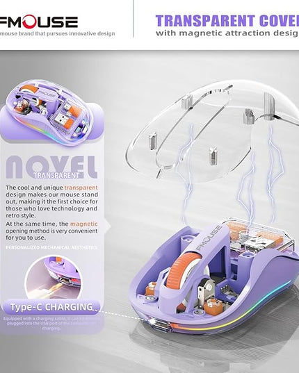 Stunning Transparent Wireless Mouse, Dual Bluetooth & 2.4GHz for Multi Device, USB-C Receiver Ideal for MacBook/Laptops, Rechargeable, Cool LED, Silent, for Girls & Small Hands - Purple