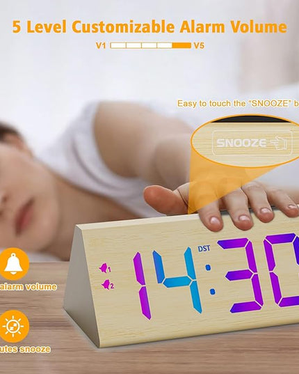 Wooden Digital Alarm Clock with Dual USB Charging Ports, DST, Dimmable, Snooze, RGB Colors, Modern Large Time Display LED Clock for Kids Bedrooms, Living Room, Desk,Table, Bedside,Nightstand (Bamboo)