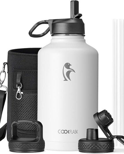 Coolflask Half Gallon Water Bottle Insulated with Straw & 3 Lids, 64 oz Water Jug Large Metal Stainless Steel Wide Mouth for Sports, Gym or Office, Non-BPA Keep Cold 48H Hot 24H, White