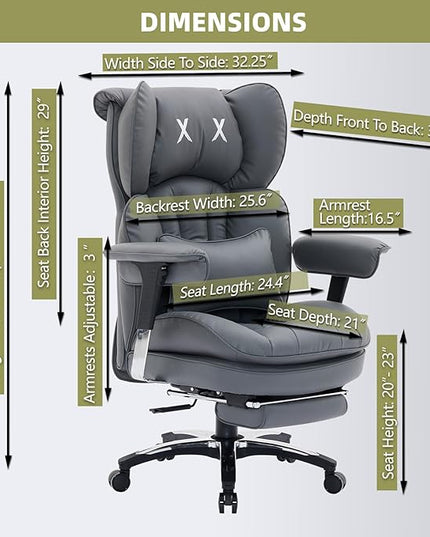 Efomao Big and Tall Office Chair with Footrest – High Back Computer Chair with Adjustable Armrests，Executive Office Chair with Wide Seat, Modern Desk Chair for Home Office, Gaming, or Study, Grey