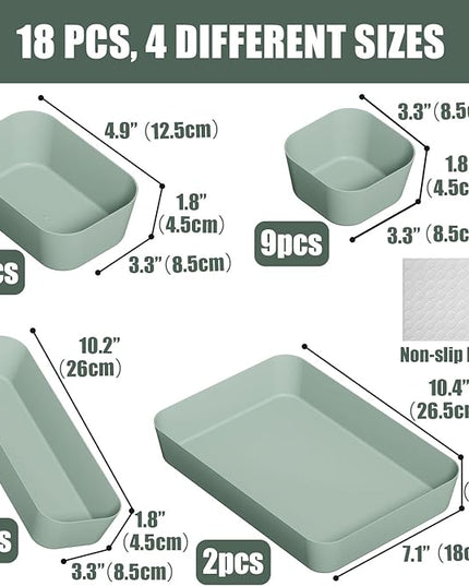 Plastic Drawer Organizers, 18 PCS Drawer Organizer Bins, Bathroom and Vanity Organizer Plastic Tray, Makeup organizer and storage for Makeup, Bedroom, Kitchen Gadgets Utensils and Office