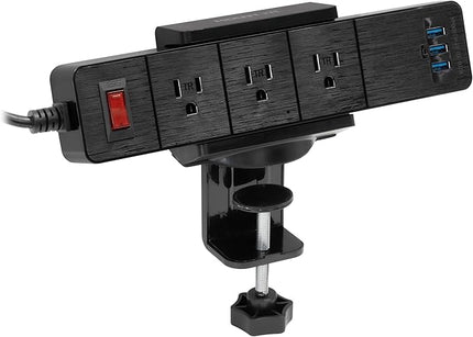 Mount-It! Power Strip Holder Clamp Desk Mount with Included Surge Protector | Black Desktop Power Outlet with 3 USB Ports and 3 AC Power Outlets | Adjustable Power Strip Clamp Mount