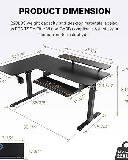EUREKA ERGONOMIC Standing Desk (61"x43")- L Shaped Desk with Keyboard Tray Adjustable Height Sit Stand Computer Desk Corner Gaming Ergo Desk w Memory Presets, Monitor Stand, LED/USB/Dual Motor, Left