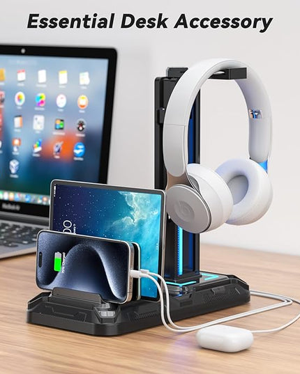 KDD Headset Stand with Charging Station - Detachable Controller Holder with 9 Light Modes - Rotatable Headphone Hanger with USB A&C Charger Ports - Earphone Hook for PC Gaming Accessories Storage