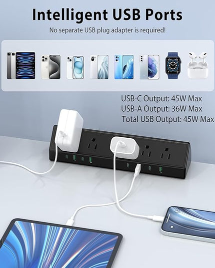 Jgstkcity Desk Clamp Power Strip,45W Fast Charging Station,4 USB-C,4 USB-A,Desk Mount Surge Protector,1875W Extension Cord with Multiple Outlets,ETL Listed,for Home Office Dorm Room
