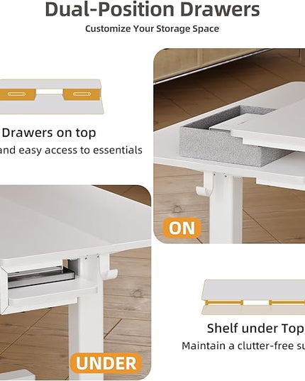 Seang Electric Standing Desk with 2 Drawers, Adjustable Standing Desk with Storage Shelf, Height Adjustable Stand up Desk for Home Office with 3 Presets & 2 Hooks, 48 Inch, White