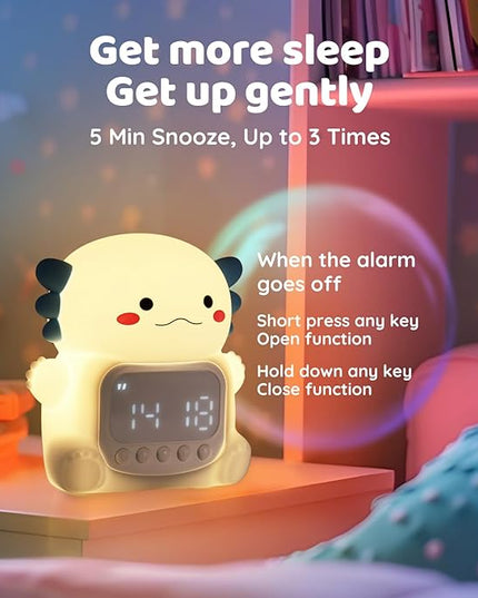 Axolotl Alarm Clock with Night Light for Kids, Rechargeable Silicone Lamp Time to Wake Clock Cute Animal Tabletop Lamp, Perfect Sleep Companion for Boys Girls, White