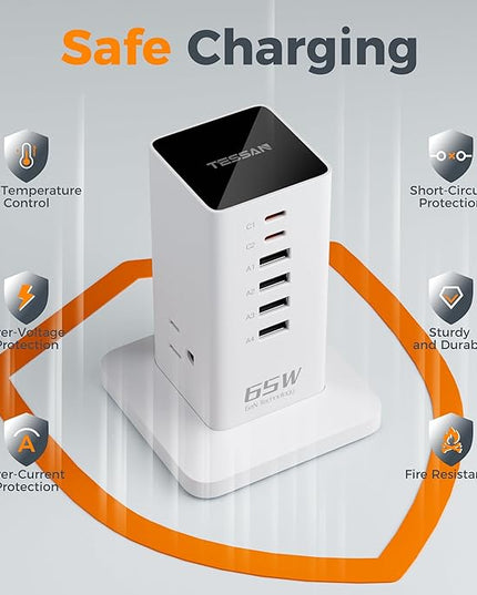 USB Charging Station for Multiple Devices PD 65W, TESSAN 9-in-1 USB C Charger Block for iPhone 17/16/15, MacBook, Tablet, Type C Desktop Charger with 3 AC, Home Travel Office Accessories, White