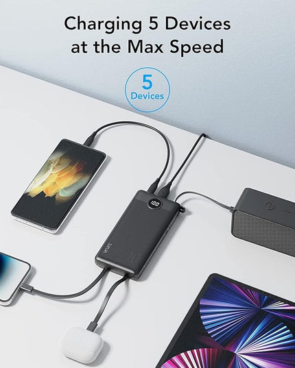 VRURC Portable Charger with Built in Cables, Slim Power Bank 10000mAh, USB C Battery Pack Travel Essential, 5 Outputs 2 Inputs Phone Charging Bank for iPhone 16 15 14 13,Samsung,Android-Black(1 Pack)