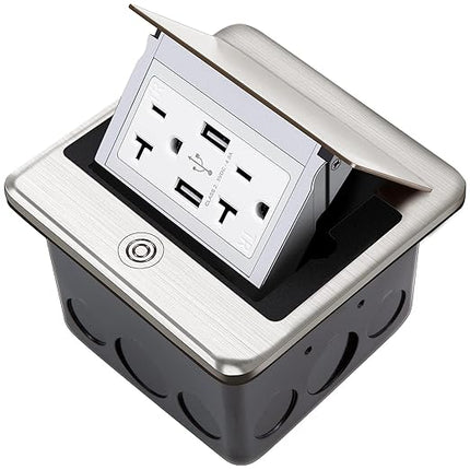 Vagueior Recessed Floor Electrical Outlet Kit,Waterproof Electrical Outlet Covcer Box,Hidden 4.8A USB+20A Tamper-Resistant Receptacle Outlet with Slow Elastic Damping，ETL Certified,Stainless Steel