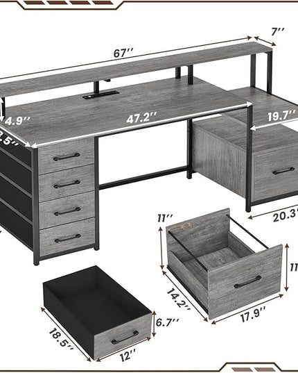 SEDETA Home Office Desk with File Drawer & Power Outlet, 66'' Computer Desk with 5 Drawer, Storage Shelves, Printer Cabinet and Monitor Shelf, Gaming Desk with Led Lights, Grey