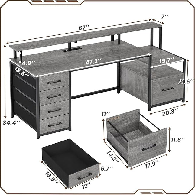SEDETA Home Office Desk with File Drawer & Power Outlet, 66'' Computer Desk with 5 Drawer, Storage Shelves, Printer Cabinet and Monitor Shelf, Gaming Desk with Led Lights, Grey
