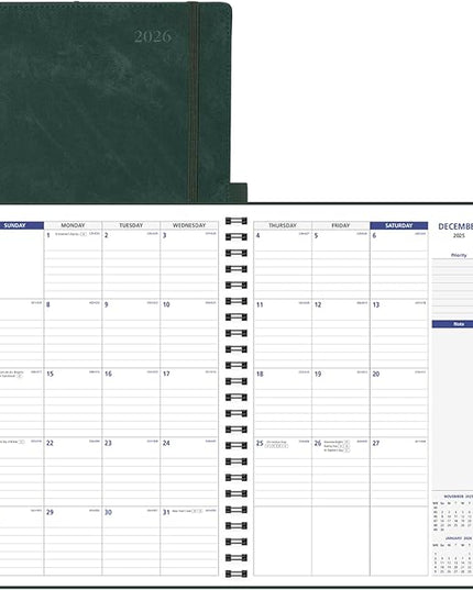 POPRUN 2026-2027 Monthly Planner A4 Size, 16 Months Calendar (Dec 2025-Mar 2027), 2 Pages per Month with Dotted & Lined Note, Monthly Tabs, Spiral Softcover, 2 Inner Pockets - Blue Green