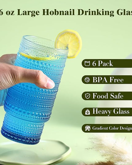 6pcs Hobnail Drinking Glasses Set, 16 oz Vintage Glassware Drinking Glasses, Gradual Blue Water Glasses Tumbler, Cups for Kitchen, Juice, Beer, Cocktail, Whiskey