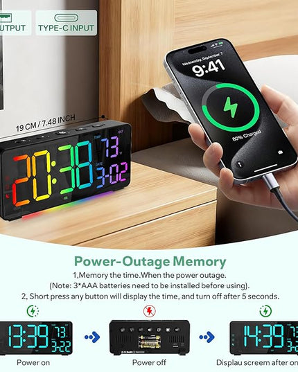 Digital Alarm Clocks for Bedrooms, RGB Desk Clock with 15 Color Display, Date Temperature and Weekday, DST, Snooze, 2 Alarms, Ambient Lighting for Living Room, Bedside Office Gaming Desk Decor