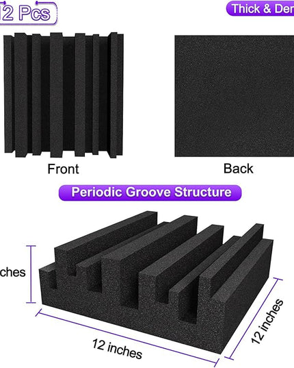 TroyStudio Thick Acoustic Foam Panels, 12 X 12 X 4 Inch 12 Pcs Broadband Sound Absorbing Foam, Dense Soundproof Padding Tile, Recording Studio Foam Absorber, Groove Decorative 3D Wall Ceiling Panel