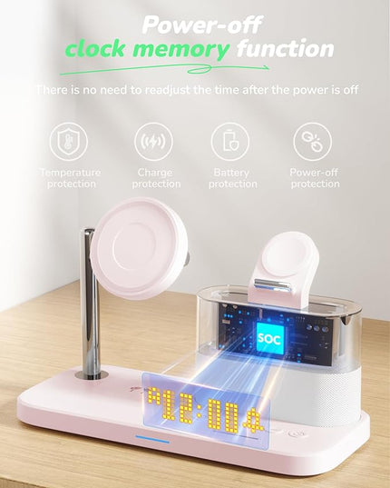 5 in 1 Wireless Charging Station,Alarm Clock with Night Light Magnetic Multiple Charger for iPhone 17/16/15/14/13/12 Pro Max,Apple Watch Series Air-Pods,Bedroom Charging Stand