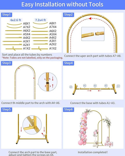 HEMMOTOP Metal Arch Backdrop Stand Set of 2 (7.2ft + 6ft), Wedding Arch Frame, Stable Background Stand with Square Base Ground Nails, for Birthday Party Baby Shower Garland Decoration, Gold