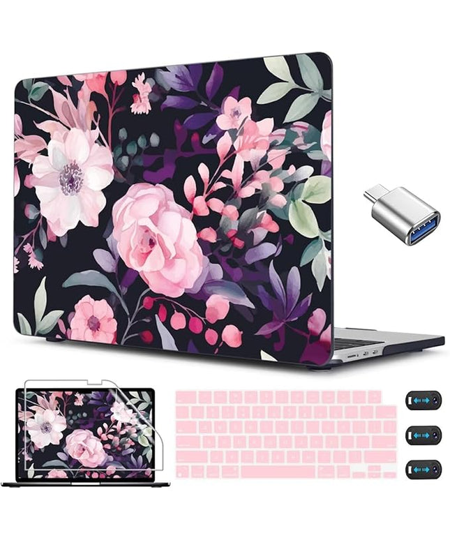 CISSOOK Compatible with MacBook Air 13.6 inch Case 2025 2024 2022 Release Model A3240 A3113 A2681, Flower Plastic Hard Shell Case Black Cover for MacBook Air 13 inch M2 M3 M4 - Pink Flowers