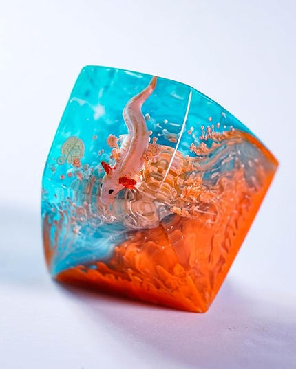 Cute Pink Axolotl in Blue and Orange R1 SA Profile Artisan Keycap Custom Animal Axolotl 1U ESC Handmade Resin Keycap Cherry MX Switch Mechanical Keyboard Gift for Axolotl Lover