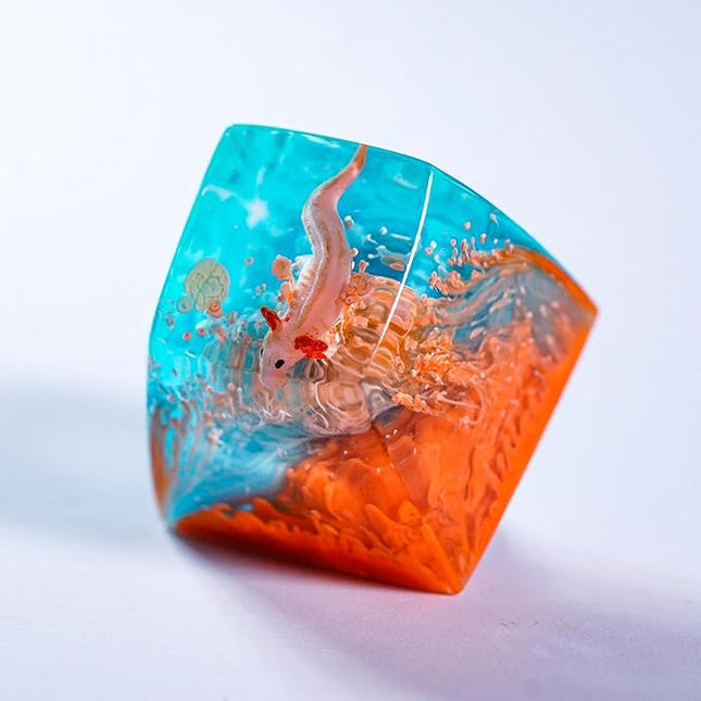 Cute Pink Axolotl in Blue and Orange R1 SA Profile Artisan Keycap Custom Animal Axolotl 1U ESC Handmade Resin Keycap Cherry MX Switch Mechanical Keyboard Gift for Axolotl Lover