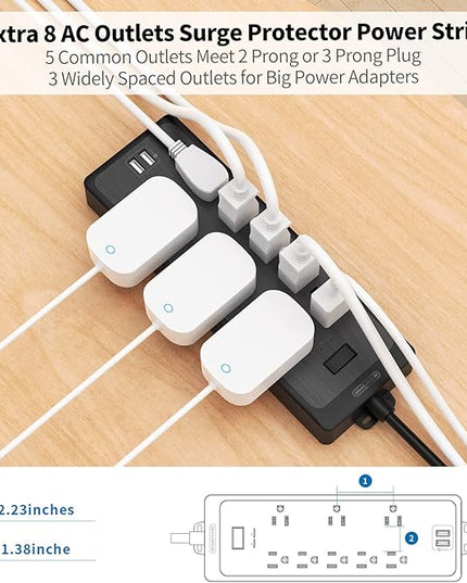 10 FT Long Extension Cord, NTONPOWER Power Strip Surge Protector with 8 Outlet(3 Widely Spaced) and 2 USB Ports, 1875W/15A, Wall Mount, Desktop Charging Station for Home, Office and Dorm Essential