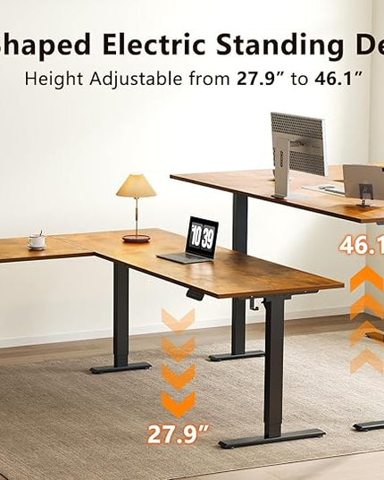 Casaottima 71 Inch Reversible Electric L Shaped Standing Desk, Height Adjustable Corner Stand up Desk, Ergonomic Large Lift Table for Home, Office, Workstation, Reception Room, Rustic Brown
