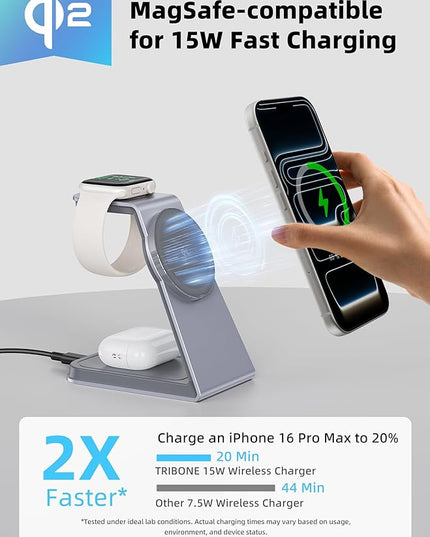 2025 3 in 1 Magnetic Wireless Charger Stand for Apple Devices, TRIBONE Qi2 Certified 15W Fast Charging Station for iPhone 17/16/15/14/13/12 Series, Apple Watch, Airpods