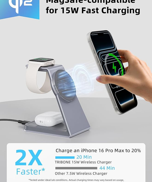 2025 3 in 1 Magnetic Wireless Charger Stand for Apple Devices, TRIBONE Qi2 Certified 15W Fast Charging Station for iPhone 17/16/15/14/13/12 Series, Apple Watch, Airpods