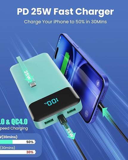 Portable Charger 40800mAh Power Bank with 3 Built-in Cables,PD 25W USB C in&Out Power Bank Fast Phone Charging,QC4.0 5 Outputs Travel Camping Essential Battery Pack for iPhone 17/16,Samsung etc-Green