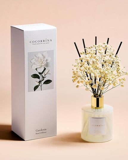 COCORRÍNA Reed Diffuser - Gardenia 6.7 Fl.oz Reed Diffuser Set with Sticks & Preserved Baby's Breath, Reed Diffuser for Home Bathroom Shelf Decor